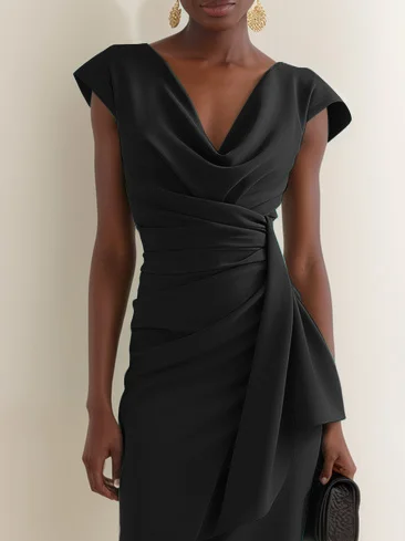 Black Cowl Neck Short Sleeve Midi Dress