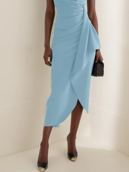 Light Blue Cowl Neck Ruched Cap Sleeve Sheath Midi Dress