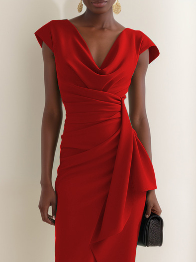 Red Cowl Neck Short Sleeve Midi Dress