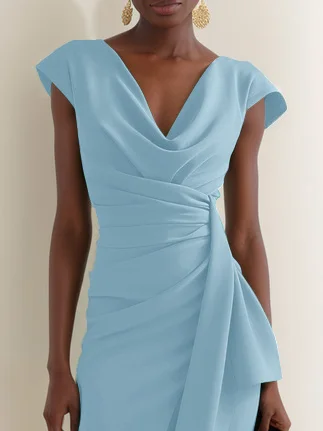 Light Blue Cowl Neck Short Sleeve Midi Dress