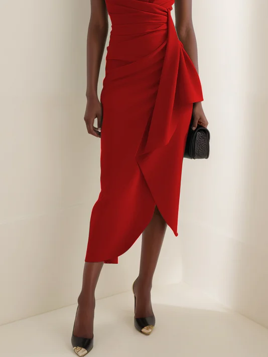 Red Cowl Neck Short Sleeve Midi Dress