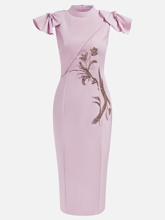 Purple High Neck Petal Sleeve Sequin Sheath Midi Dress