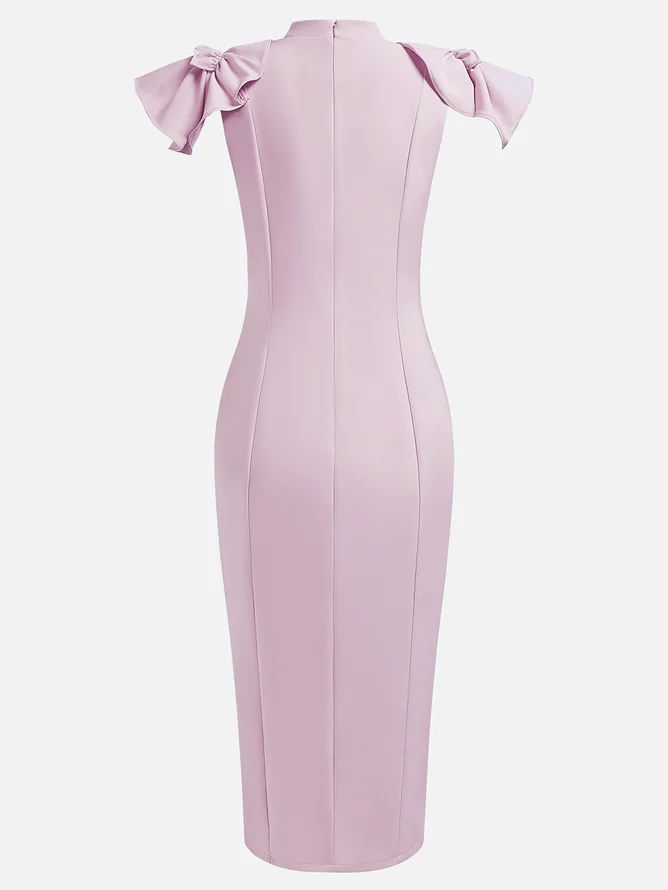 Purple High Neck Petal Sleeve Sequin Sheath Midi Dress