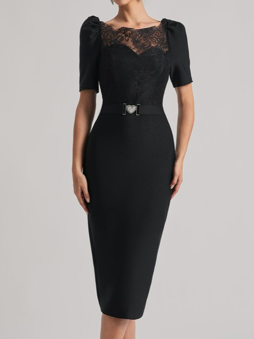 Black Bandage Lace Short Sleeve Bodycon Midi Dress