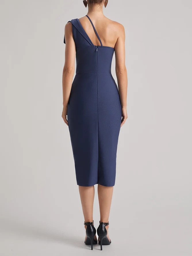 Blue Bandage One Shoulder Sleeveless Slit Bodycon Midi Dress