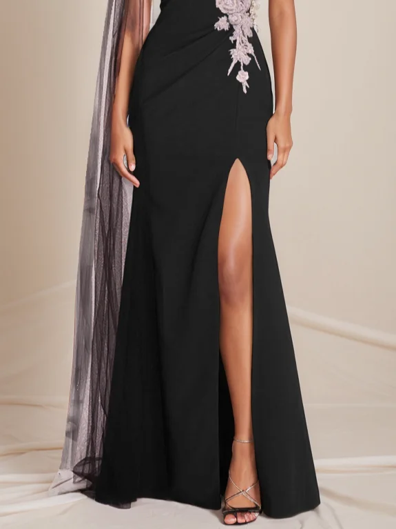 Black Lace Applique One Shoulder Sleeveless Slit A-Line Gown