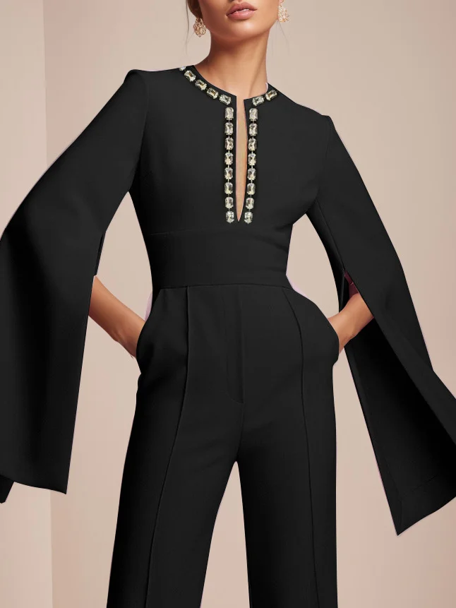 Black Rhinestones Bell Sleeve Jumpsuit