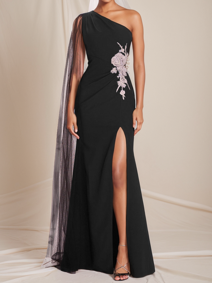 Black Lace Applique One Shoulder Sleeveless Slit A-Line Gown