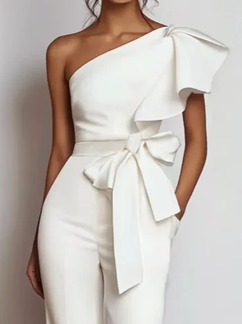 Women White Bow One Shoulder Jumpsuit