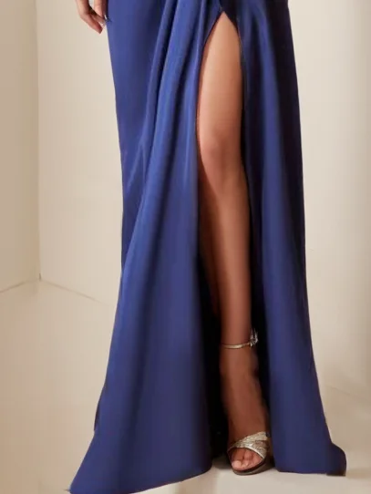 Navy Blue Ruched Long Sleeve Slit Maxi Dress