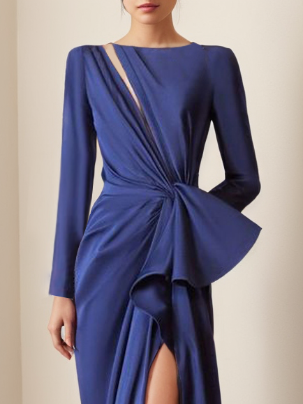 Navy Blue Ruched Long Sleeve Slit Maxi Dress