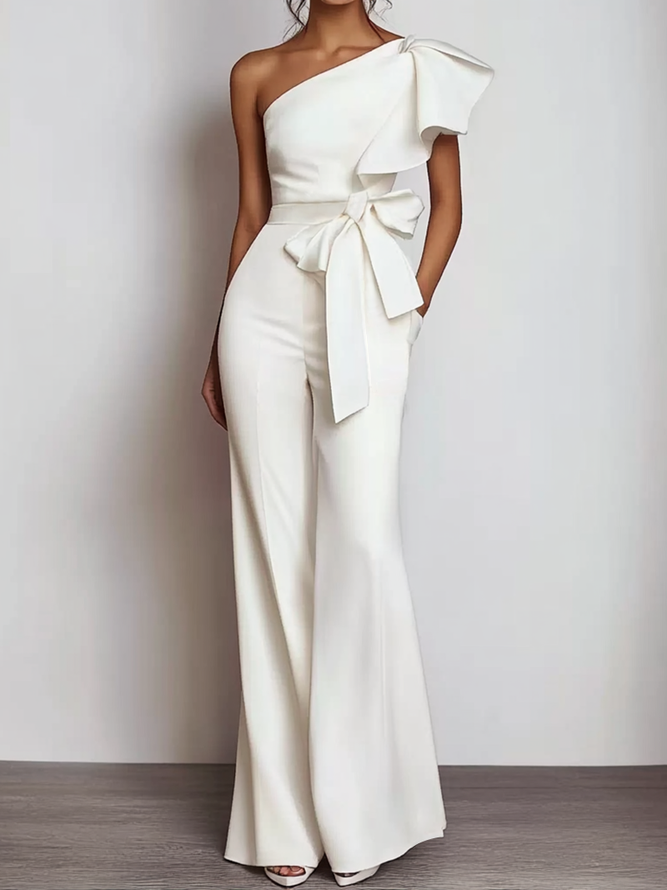 Women White Bow One Shoulder Jumpsuit