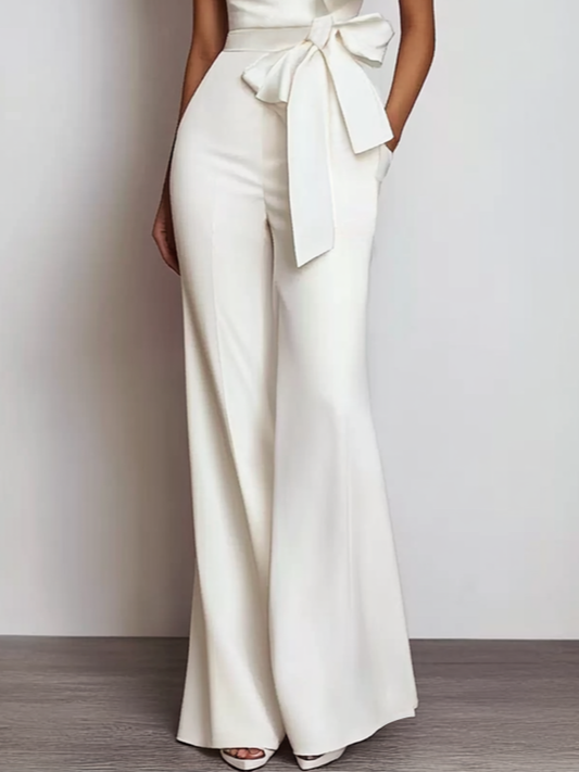 Women White Bow One Shoulder Jumpsuit