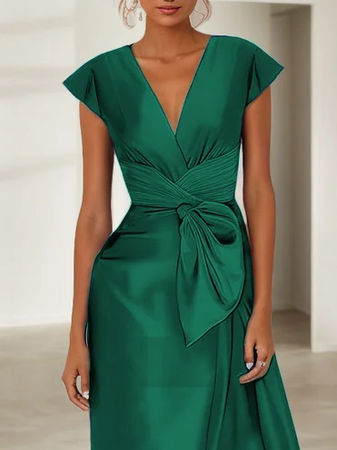 Blue Cap Sleeve Bow Satin A-Line Maxi Dress