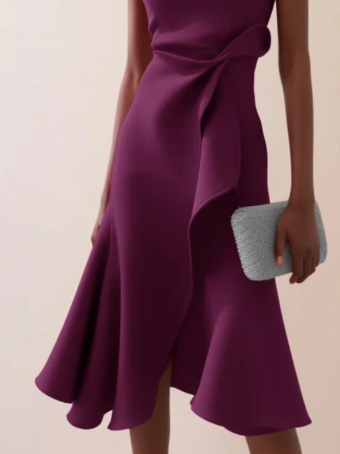 Deep Purple Ruched Boat Neck Sleeveless Midi Dress