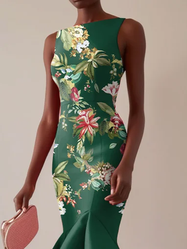 Green Floral Boat Neck Sleeveless Mermaid Midi Dress 