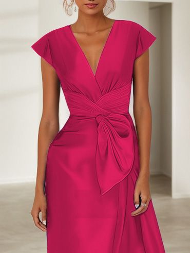 Blue Cap Sleeve Bow Satin A-Line Maxi Dress