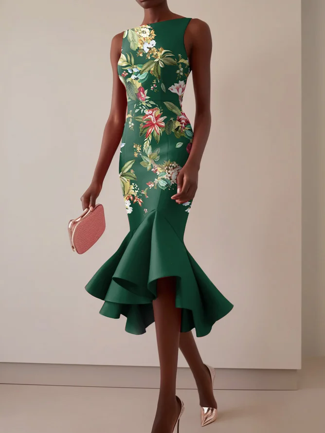 Green Floral Boat Neck Sleeveless Mermaid Midi Dress 