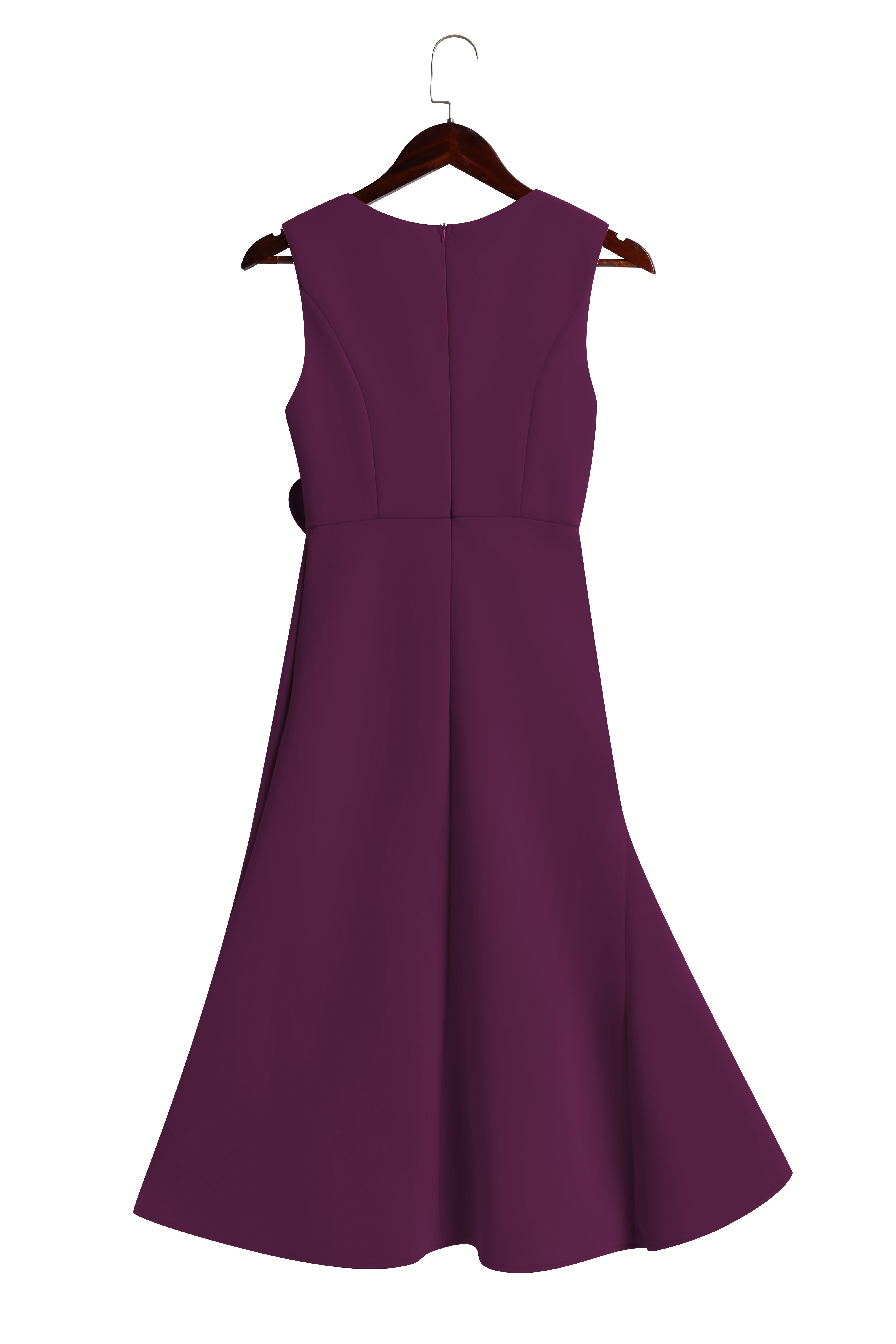 Deep Purple Ruched Boat Neck Sleeveless Midi Dress