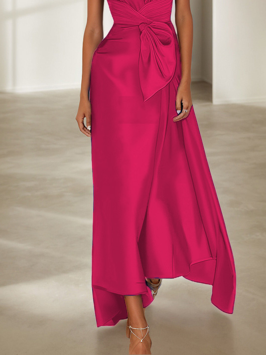 Blue Cap Sleeve Bow Satin A-Line Maxi Dress