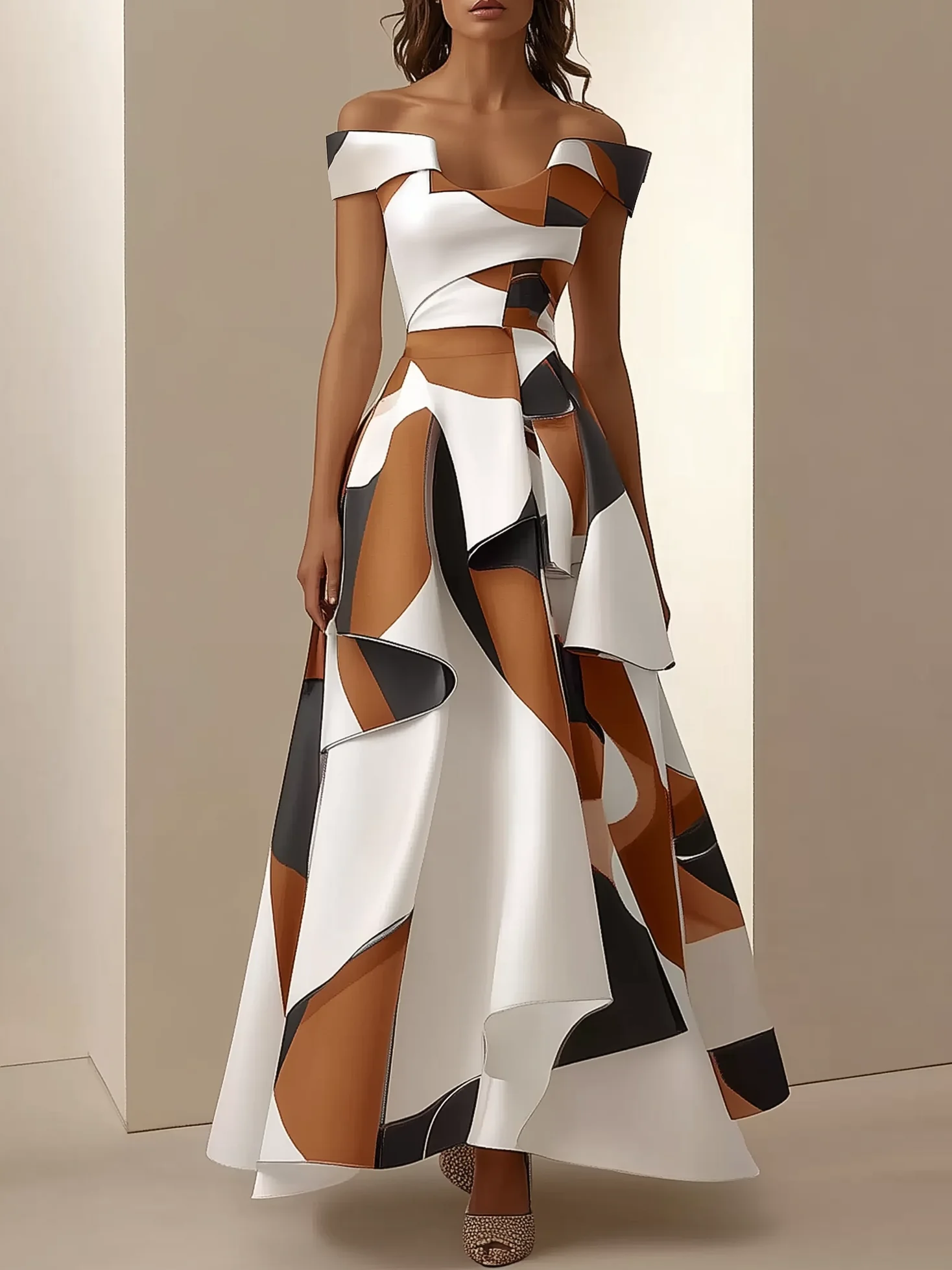 White-brown Printed Off-the-Shoulder Maxi Dress