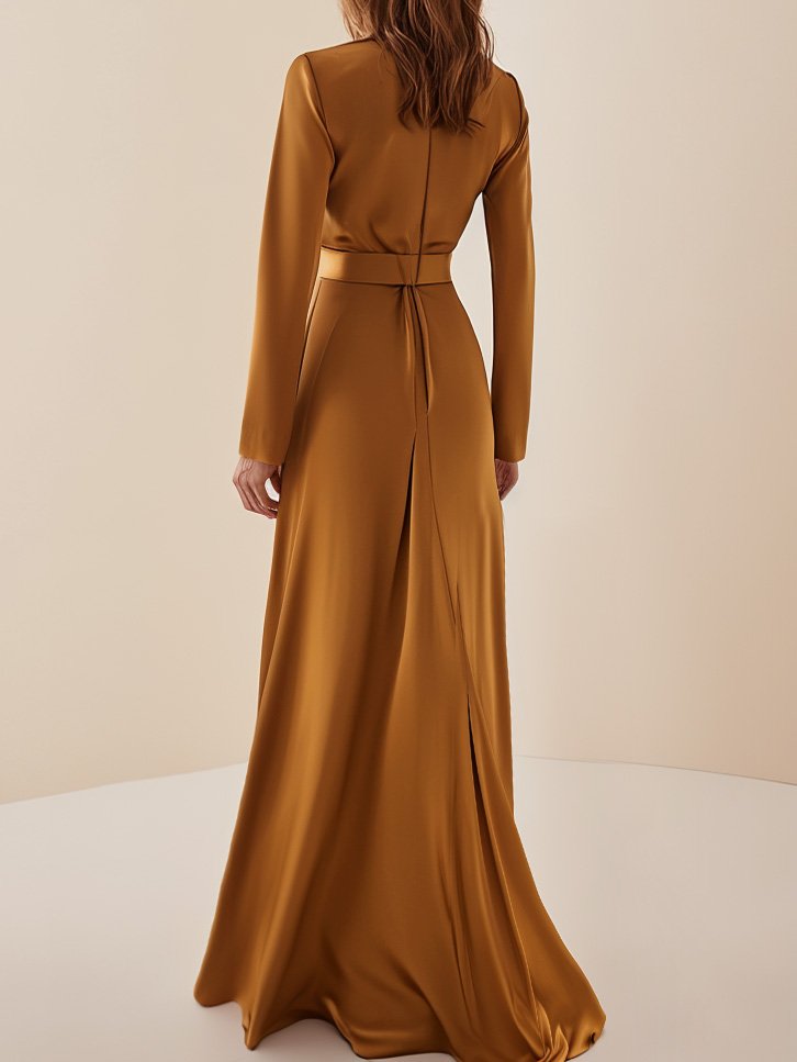 Golden Satin Ruched Turtleneck Long Sleeve Floor Length Dress