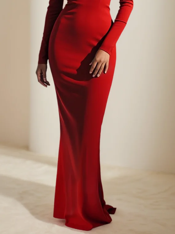 Red Applique Crew Neck Long Sleeve Knee Length Dress