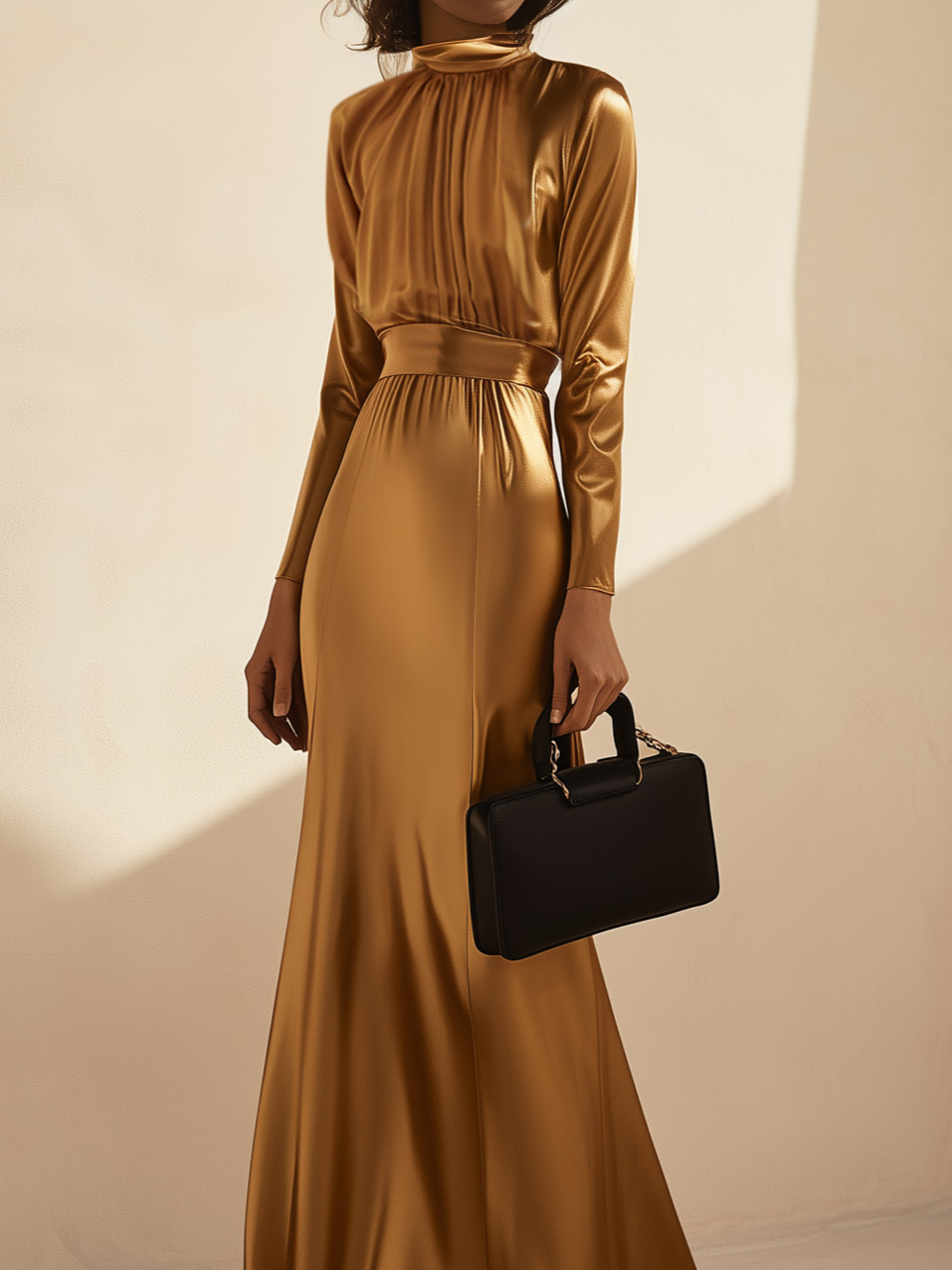 Golden Satin Ruched Turtleneck Long Sleeve Floor Length Dress