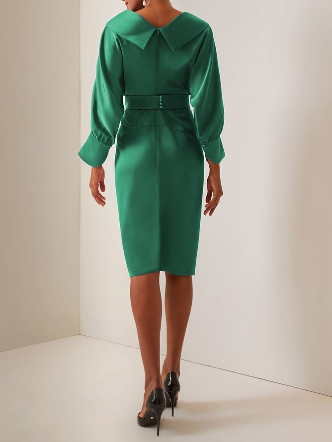 Green Collared V Neck Long Sleeve Satin Sheath Midi Dress