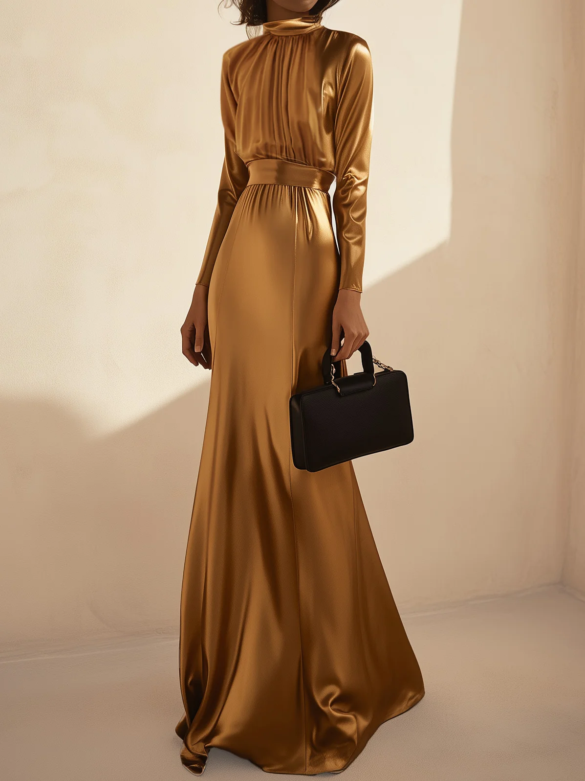 Golden Ruched Turtleneck Long Sleeve Floor Length Dress