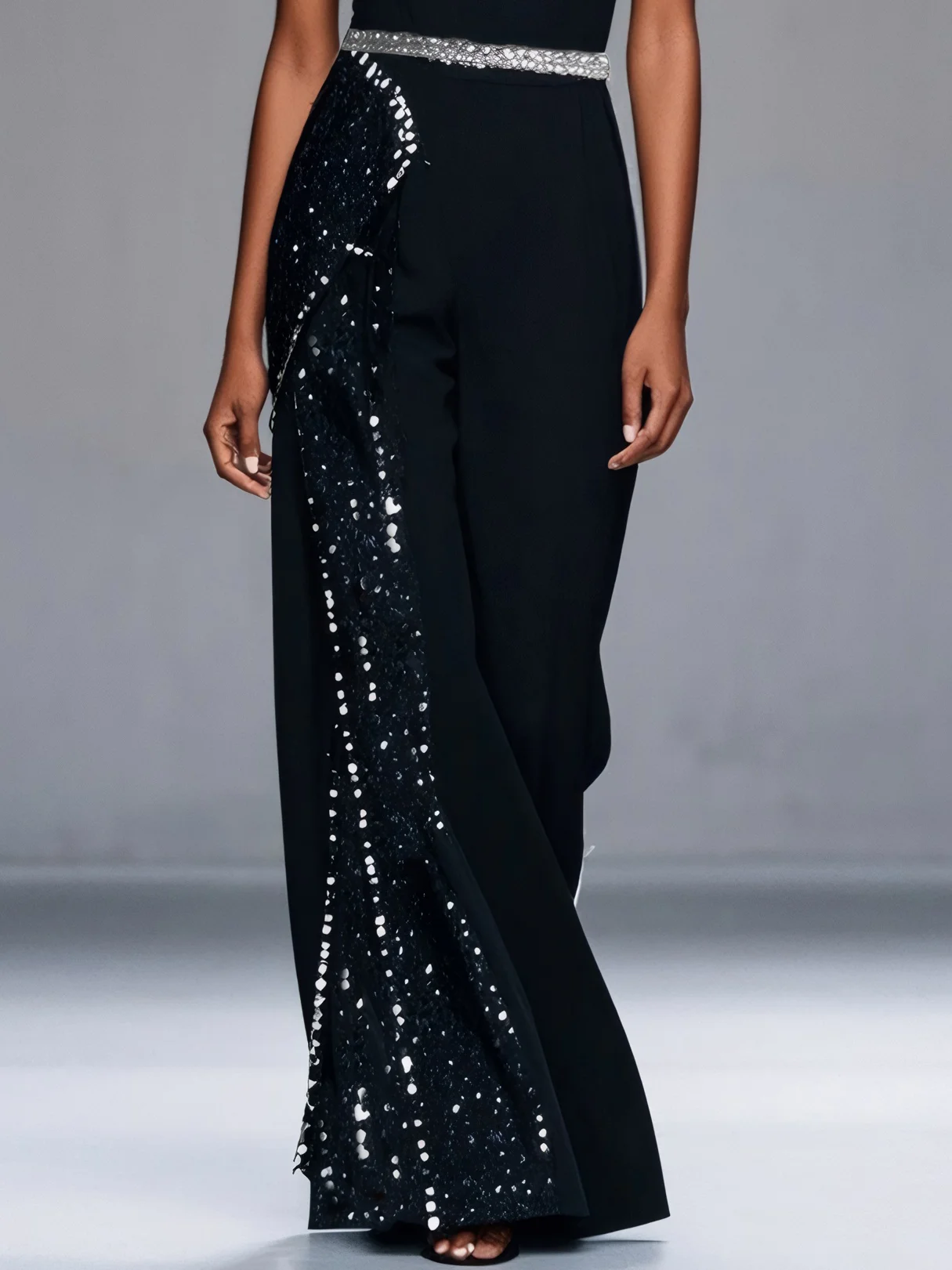 Women Black Sequined Rhinestone-Embellished V-Neck Jumpsuit