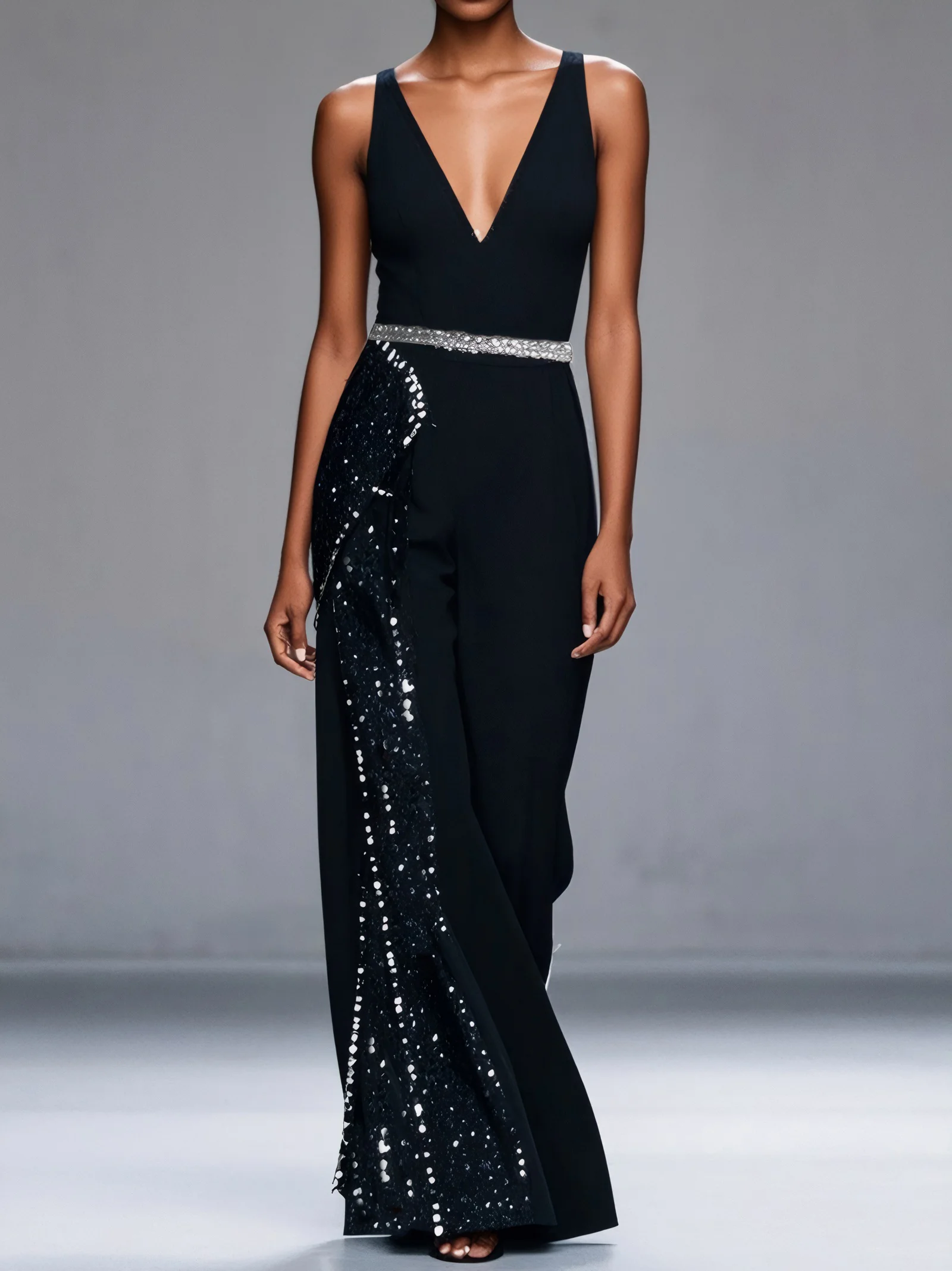 Women Black Sequined Rhinestone-Embellished V-Neck Jumpsuit