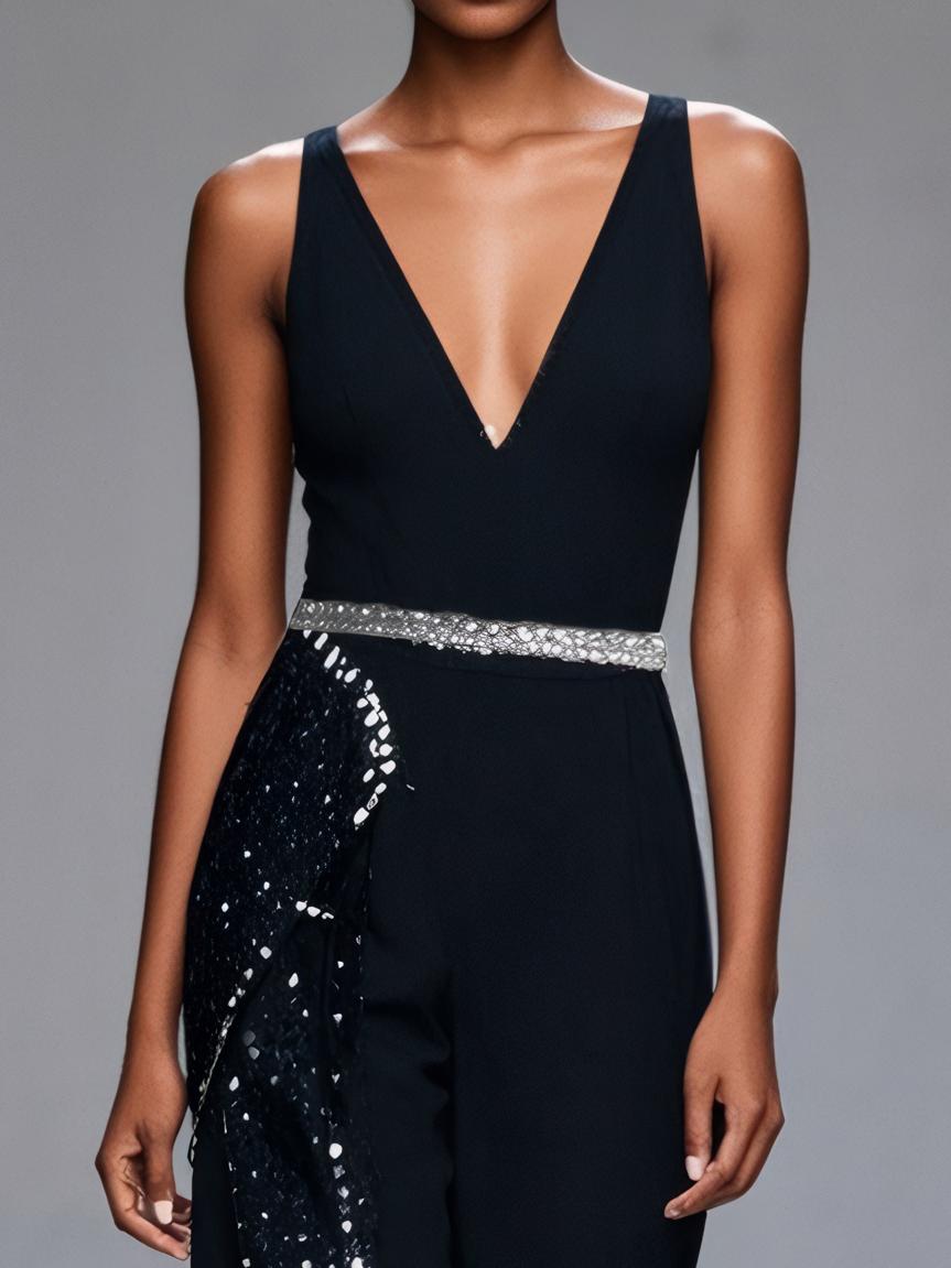 Women Black Sequined Rhinestone-Embellished V-Neck Jumpsuit