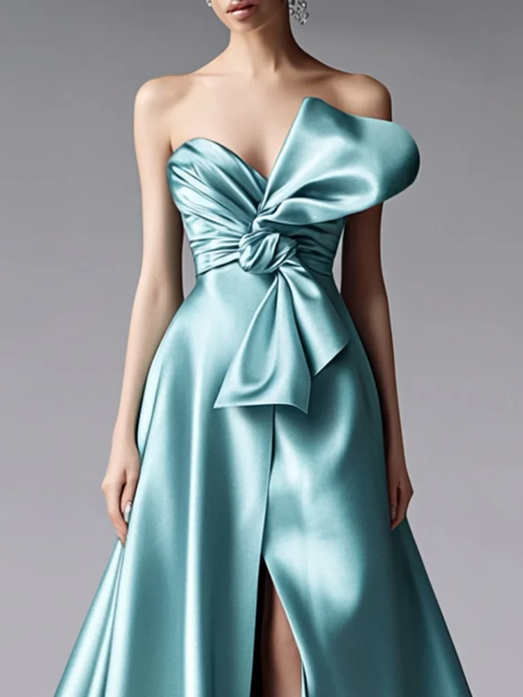 Light Blue Bow Strapless Slit A-Line Gown