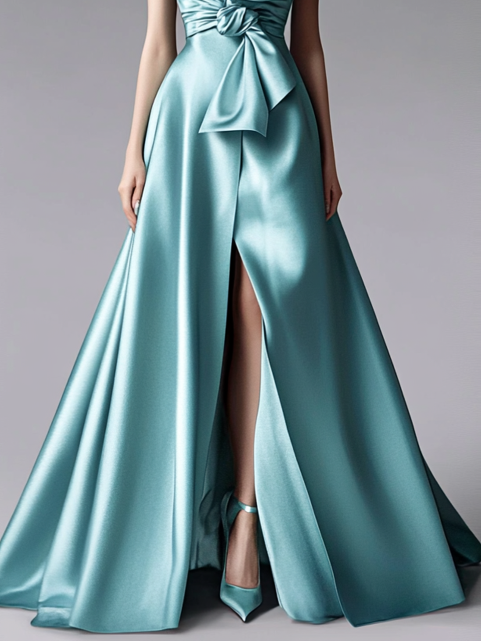 Light Blue Bow Strapless Slit A-Line Gown