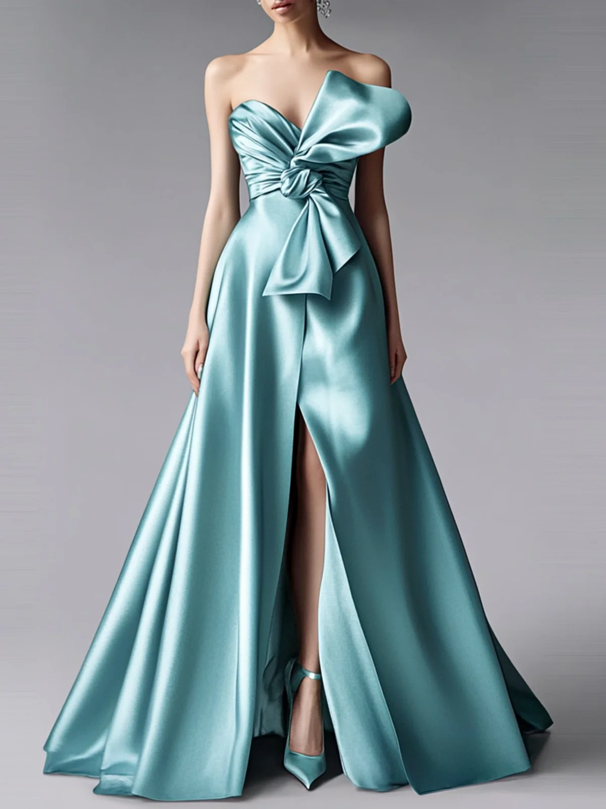 Light Blue Bow Strapless Slit A-Line Gown