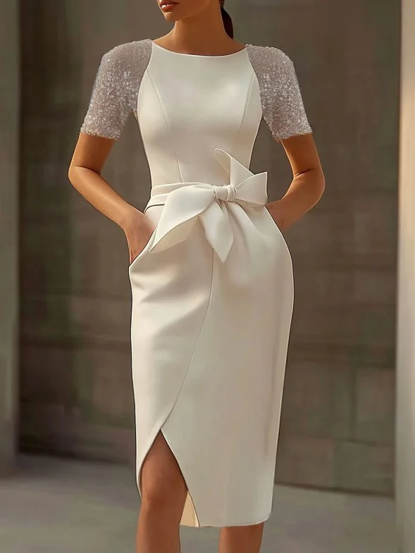 White Bow Short Sleeve Sheath Midi Dress