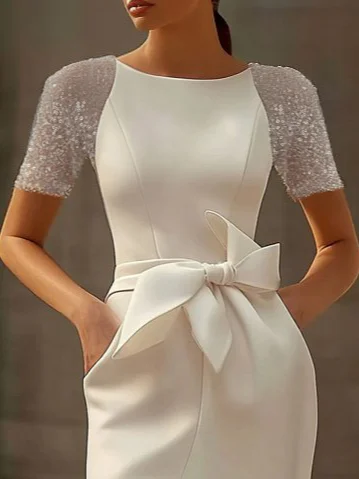 White Bow Short Sleeve Sheath Midi Dress