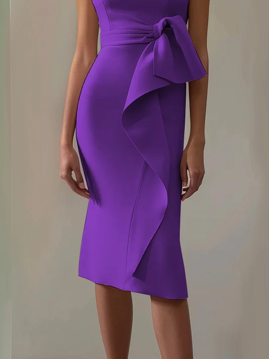 Deep Purple Ruched Boat Neck Sleeveless Sheath Midi Dress