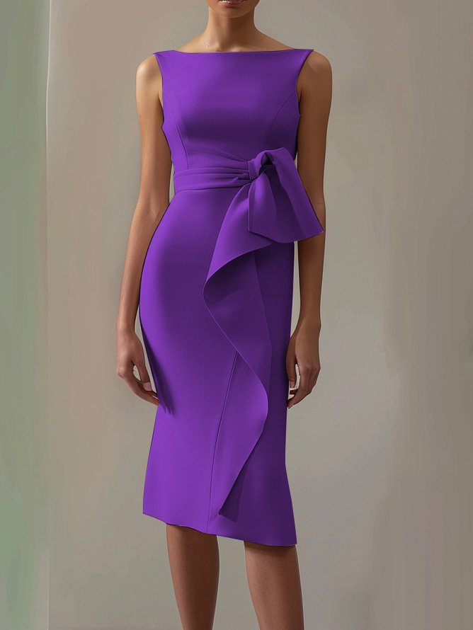 Deep Purple Ruched Boat Neck Sleeveless Sheath Midi Dress