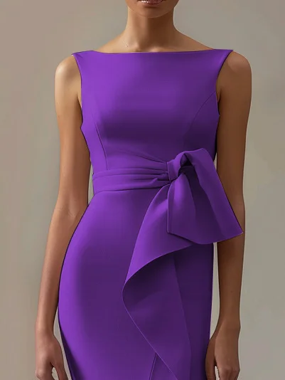 Deep Purple Ruched Boat Neck Sleeveless Sheath Midi Dress