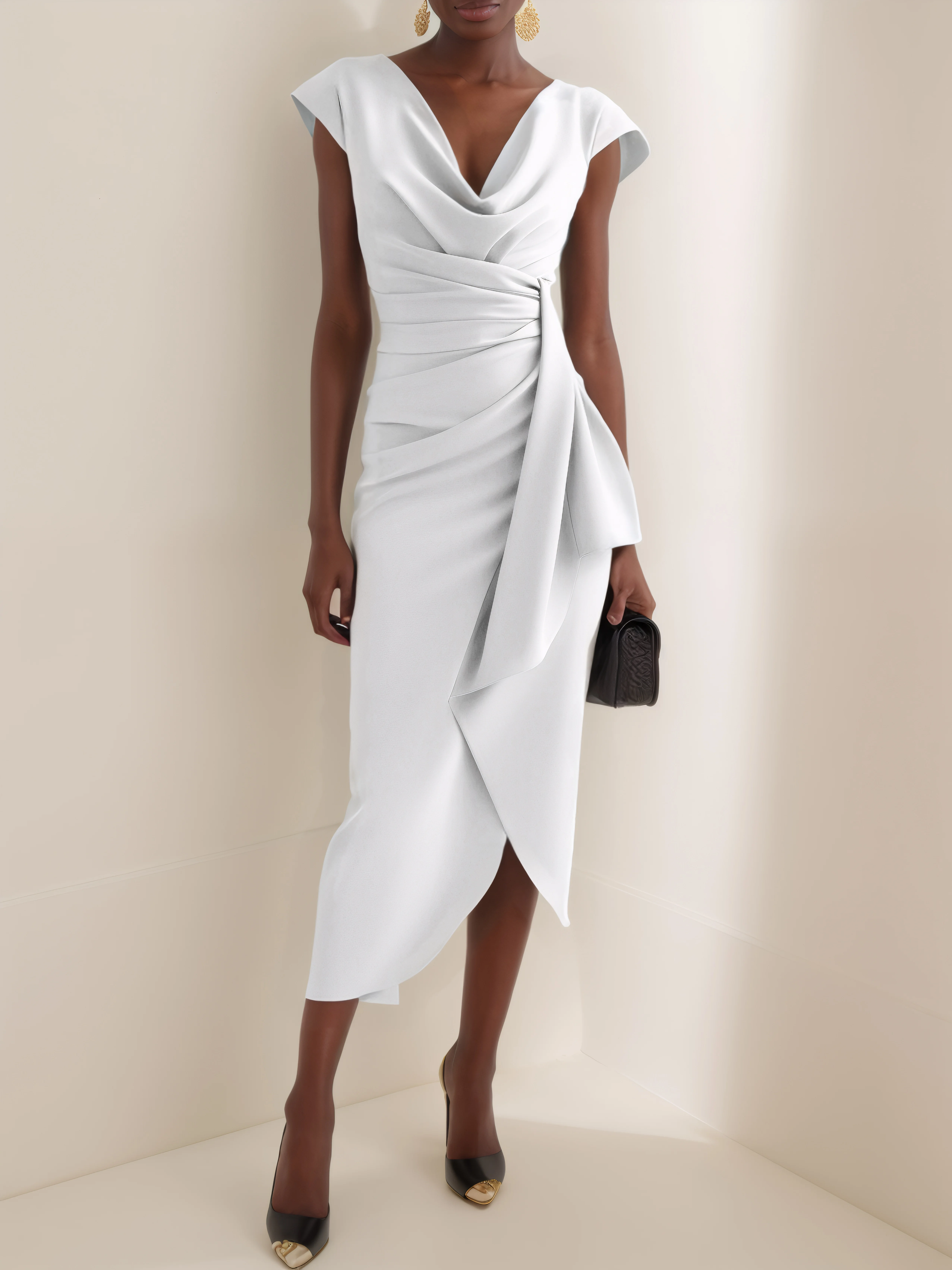 Green Cowl Neck Ruched Cap Sleeve Sheath Midi Dress