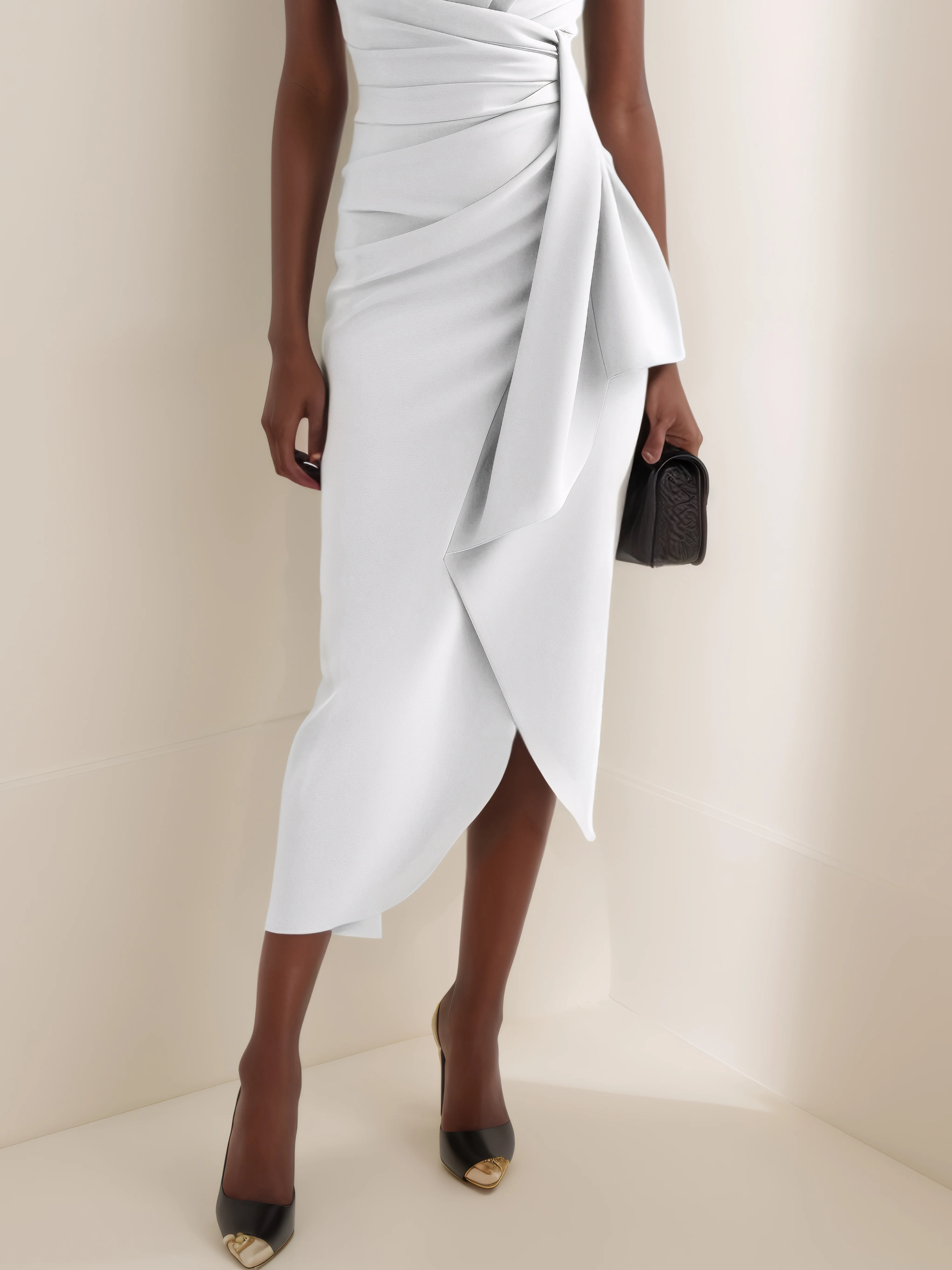 Green Cowl Neck Ruched Cap Sleeve Sheath Midi Dress