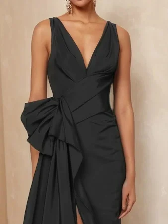 Blue Ruched V Neck Dresses Sleeveless A-Line Gown 