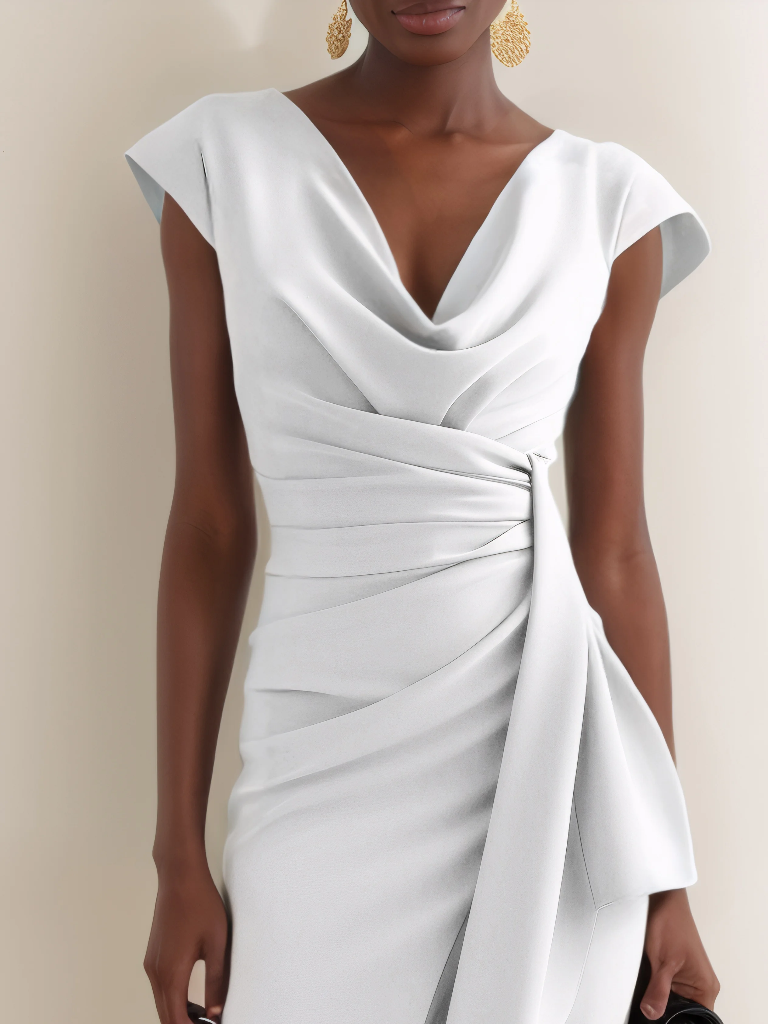 Green Cowl Neck Ruched Cap Sleeve Sheath Midi Dress