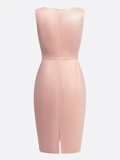 Pink Ruched Boat Neck Sleeveless Satin Sheath Midi Dress