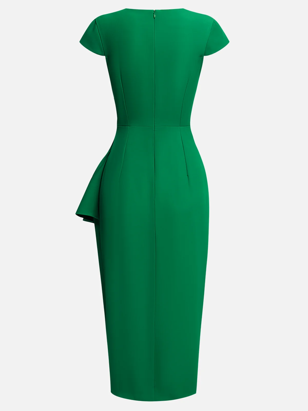 Green Cowl Neck Ruched Cap Sleeve Sheath Midi Dress