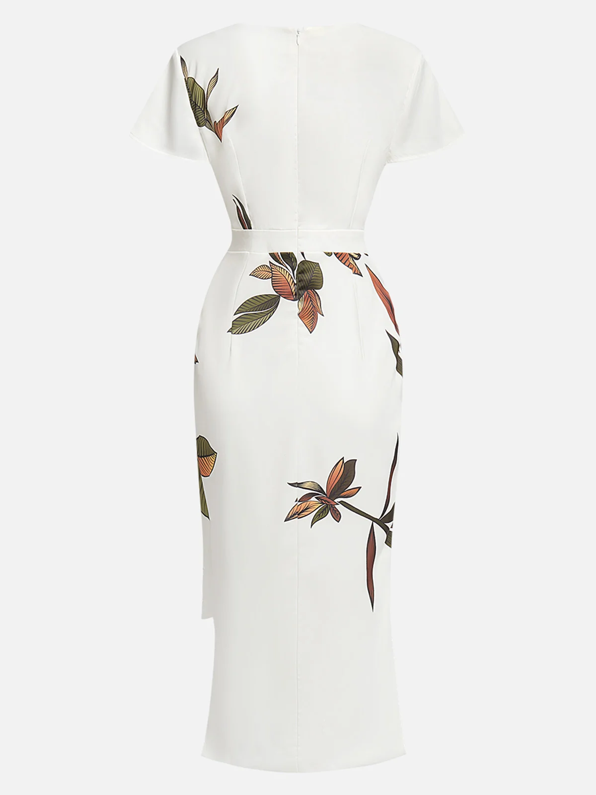 White Leaf Short Sleeve Satin Wrap Sheath Midi Dress