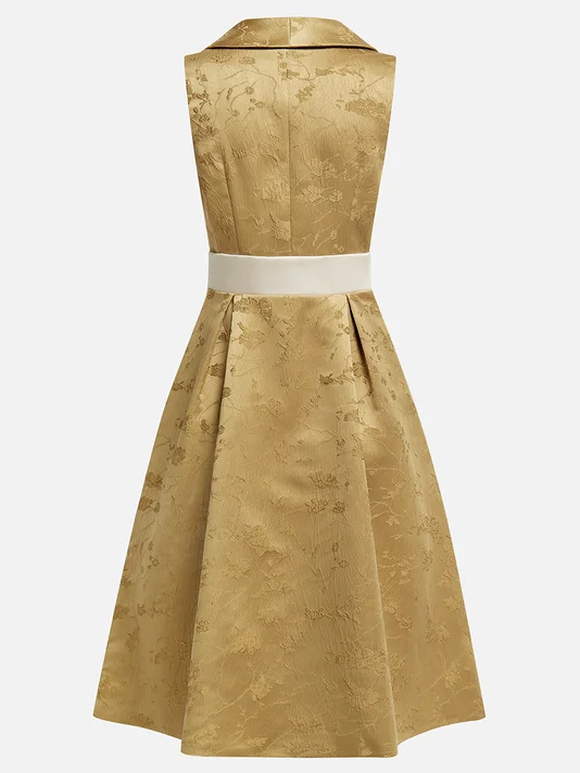 Golden Metallic Collared Sleeveless Tie Waist A-Line Midi Dress with Pockets