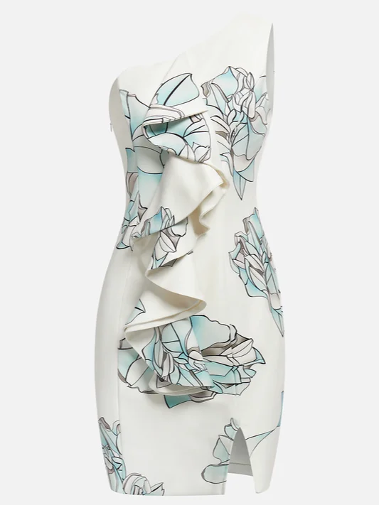 Floral One-Shoulder Ruffled Sheath Midi Dress 